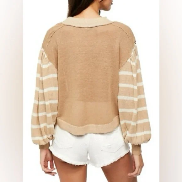 NEW FREE PEOPLE between the lines stripe sweater birch bark combo sand nautical - Picture 2 of 10